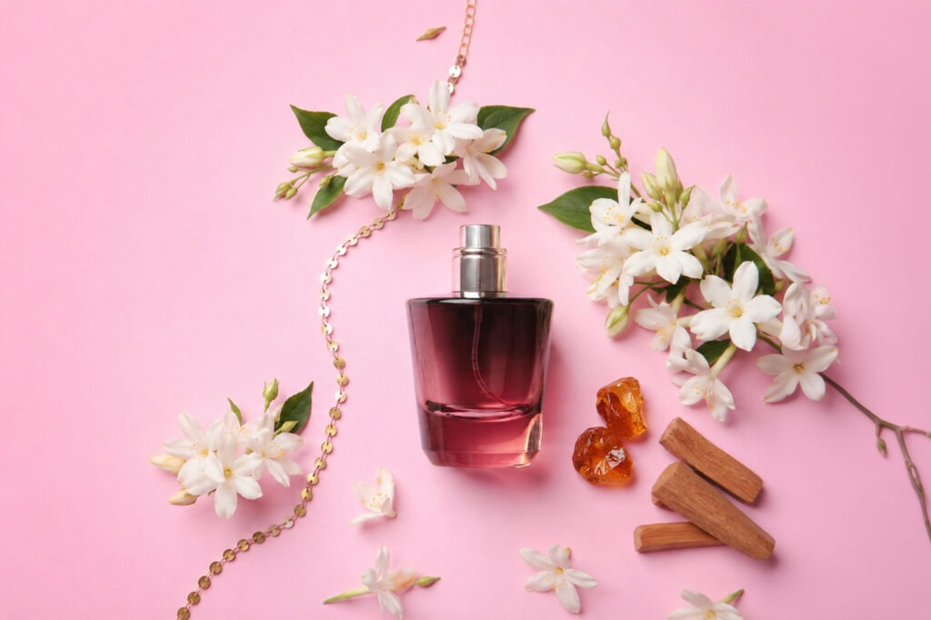 Fragrance bottle surrounded by white flowers, amber pieces, and wooden sticks on a pink background, highlighting a fresh, floral scent.