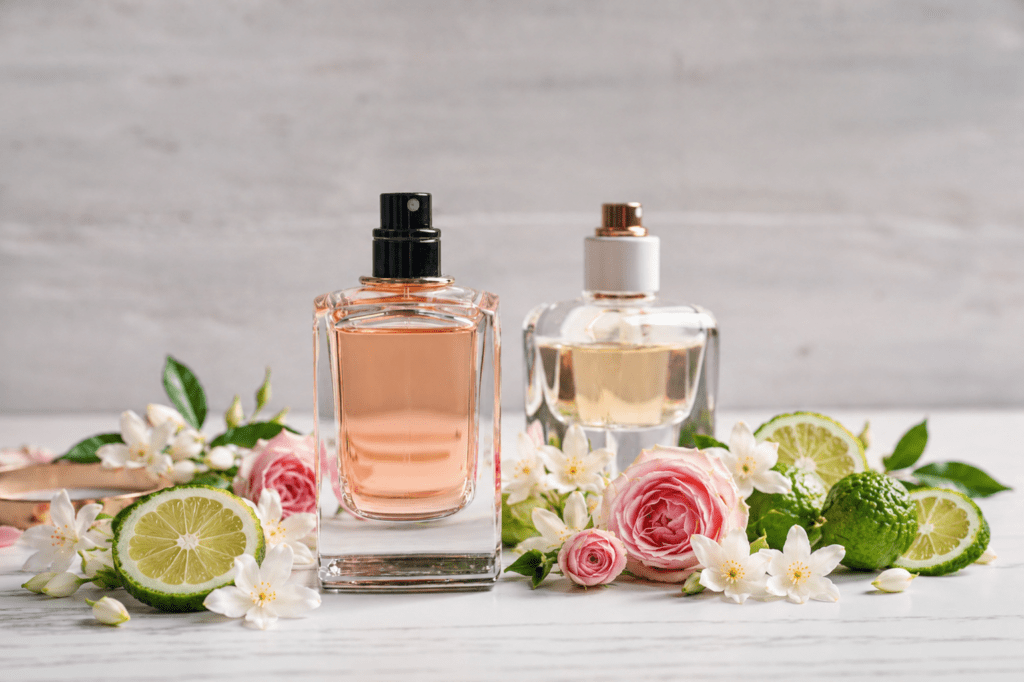 Two elegant perfume bottles surrounded by fresh roses, jasmine flowers, and lime slices. The composition highlights a floral and citrus fragrance theme.